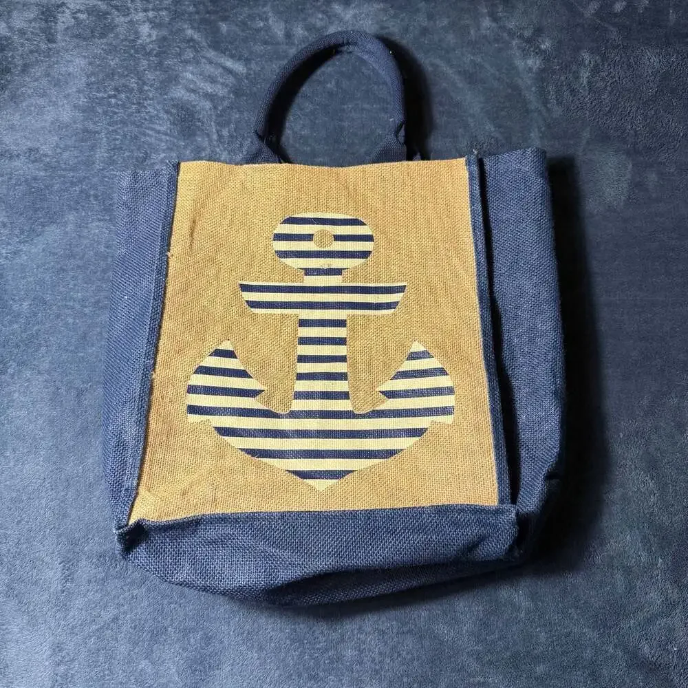 Nautical Anchor Print Natural Jute and Navy Burlap Beach Tote Bag